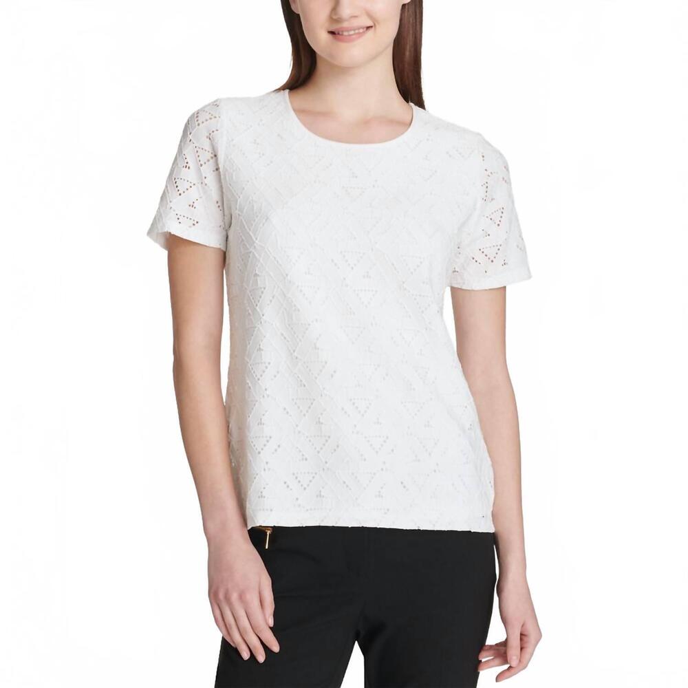 NEW CALVIN KLEIN short sleeve scoop neck lace top in soft white